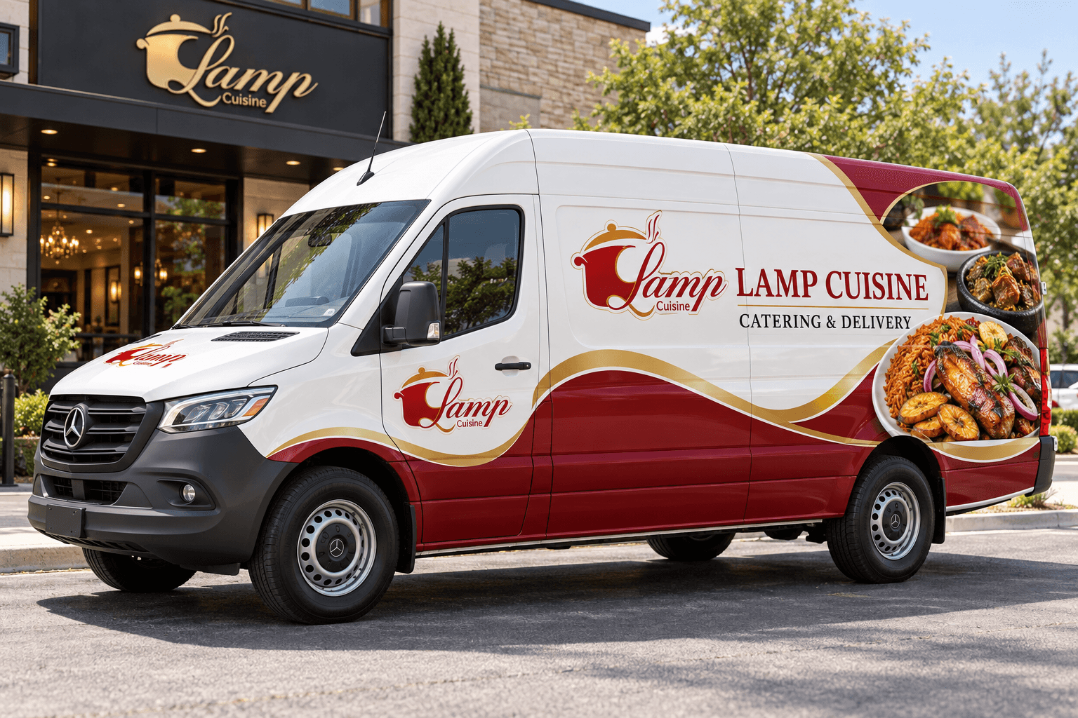 A van with Lamp Cuisine catering and delivery branding.